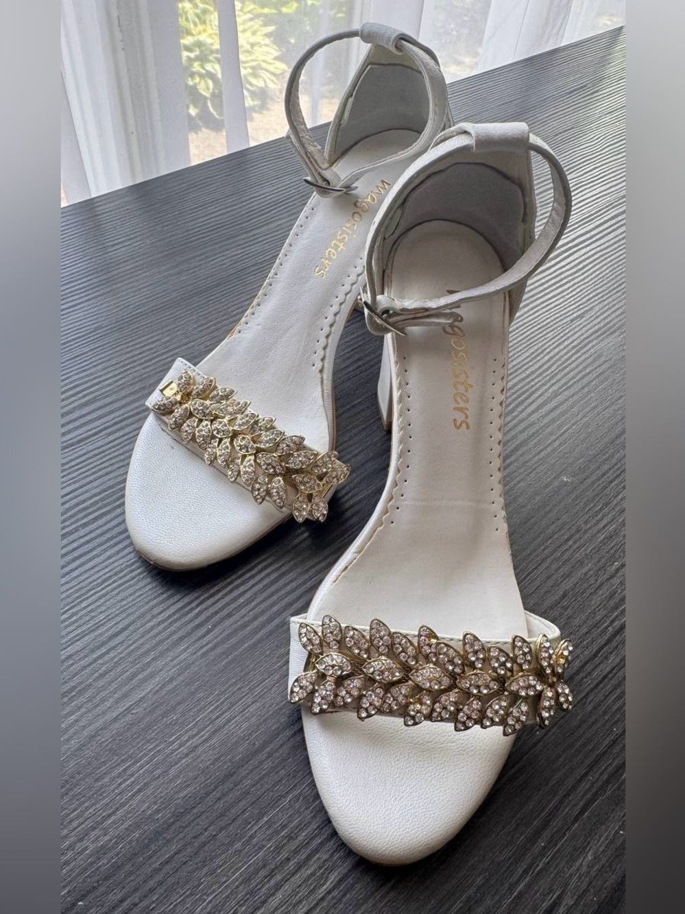 Magosisters Women's White Leather Wedding Sandals Shoes Sz EUR 37 (US 7)